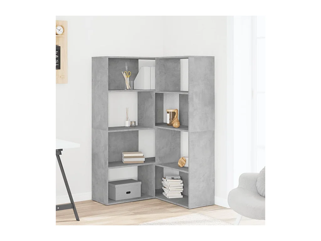Betongrijze 4-laags hoekboekenkast van bewerkt hout