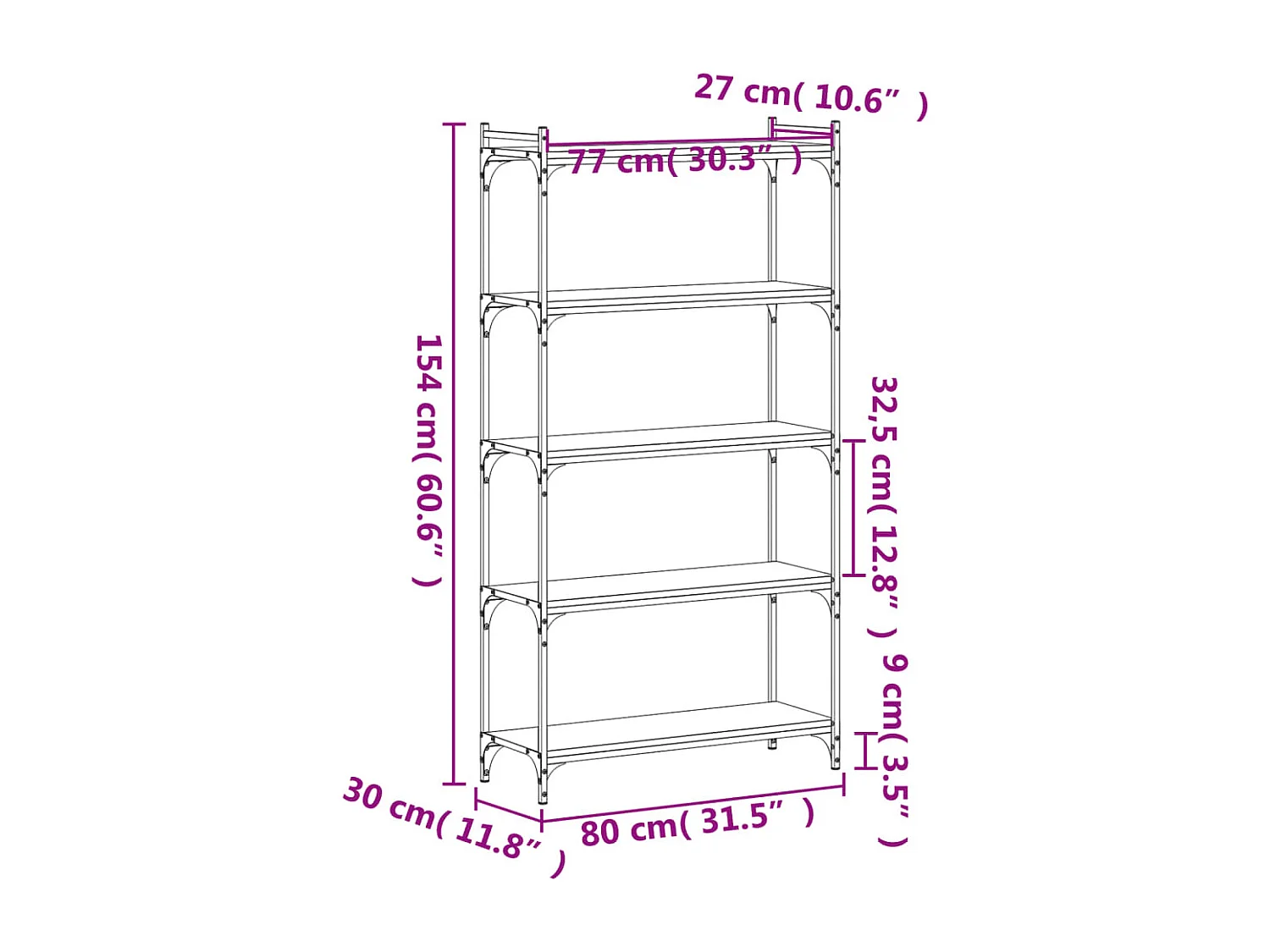 Librería de 5 niveles negra 80x30x154 cm madera de ingeniería