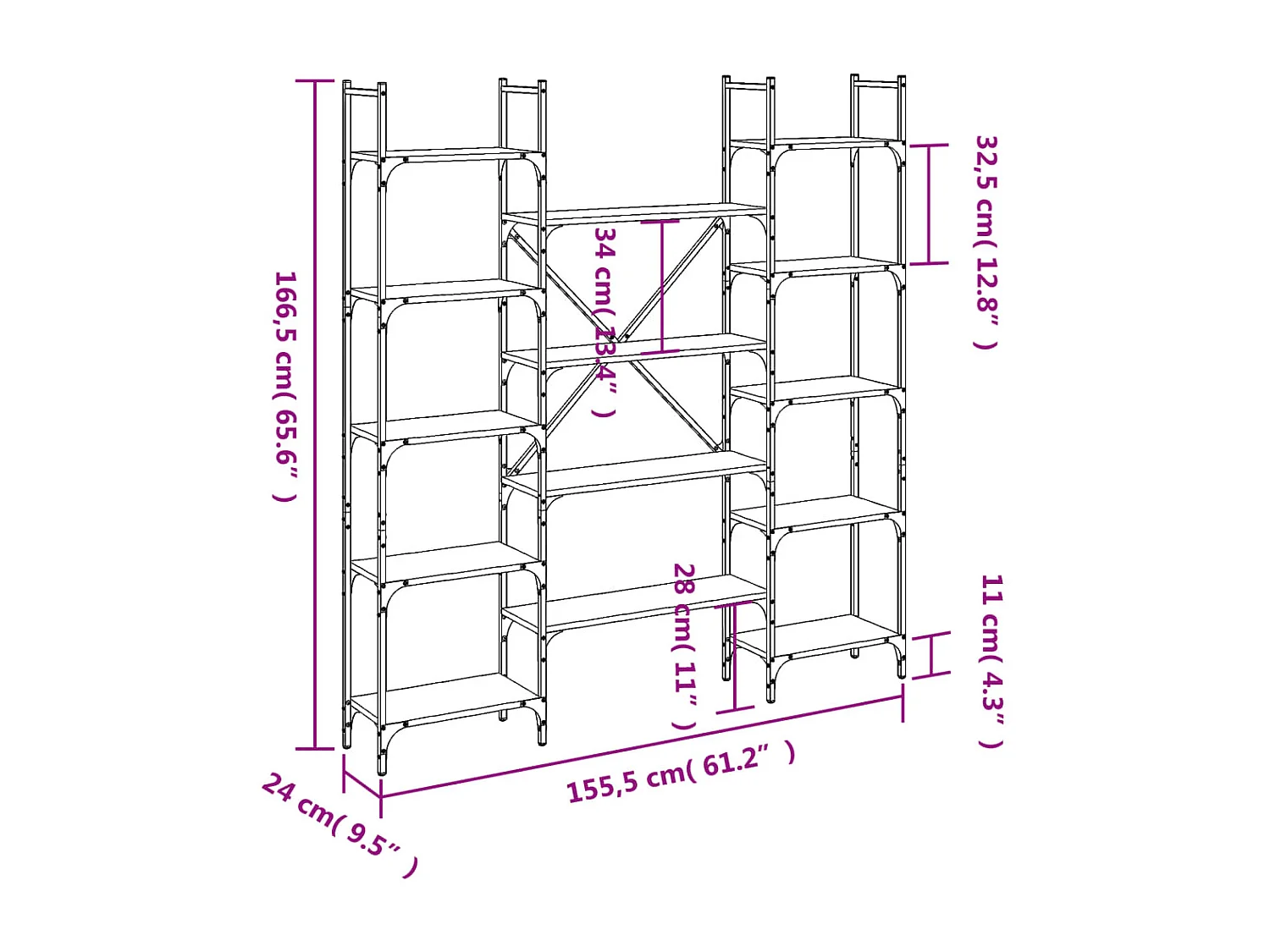 Sonoma grijze boekenkast 155,5x24x166,5 cm bewerkt hout