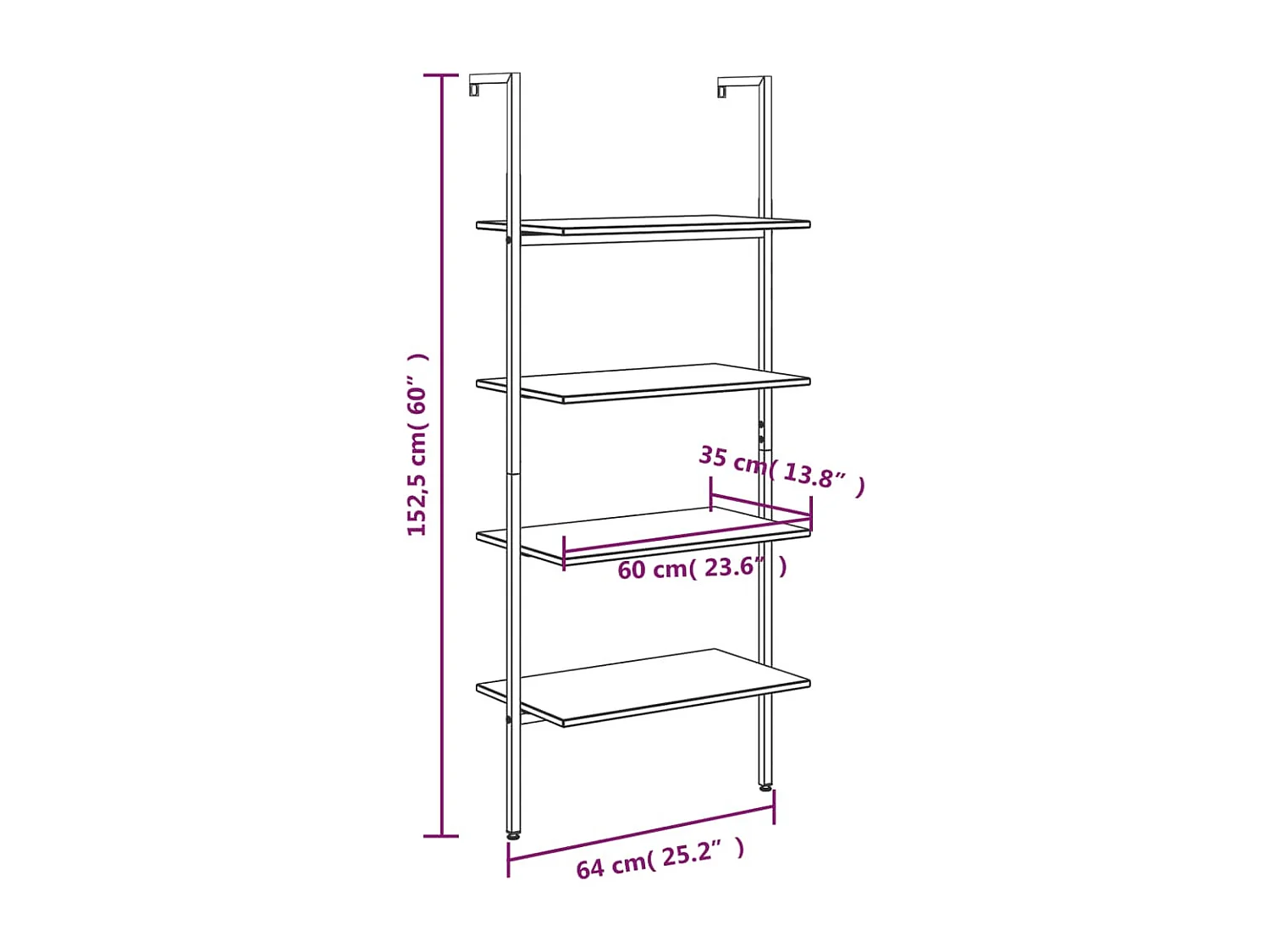 4-laags schuine plank zwart 64x35x152,5 cm