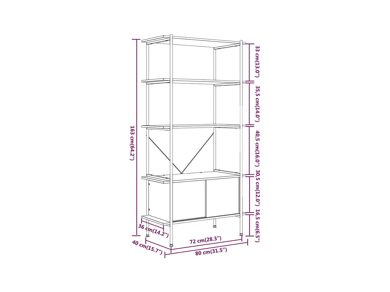 5-laags legkast 80x40x163cm Staal bewerkt hout