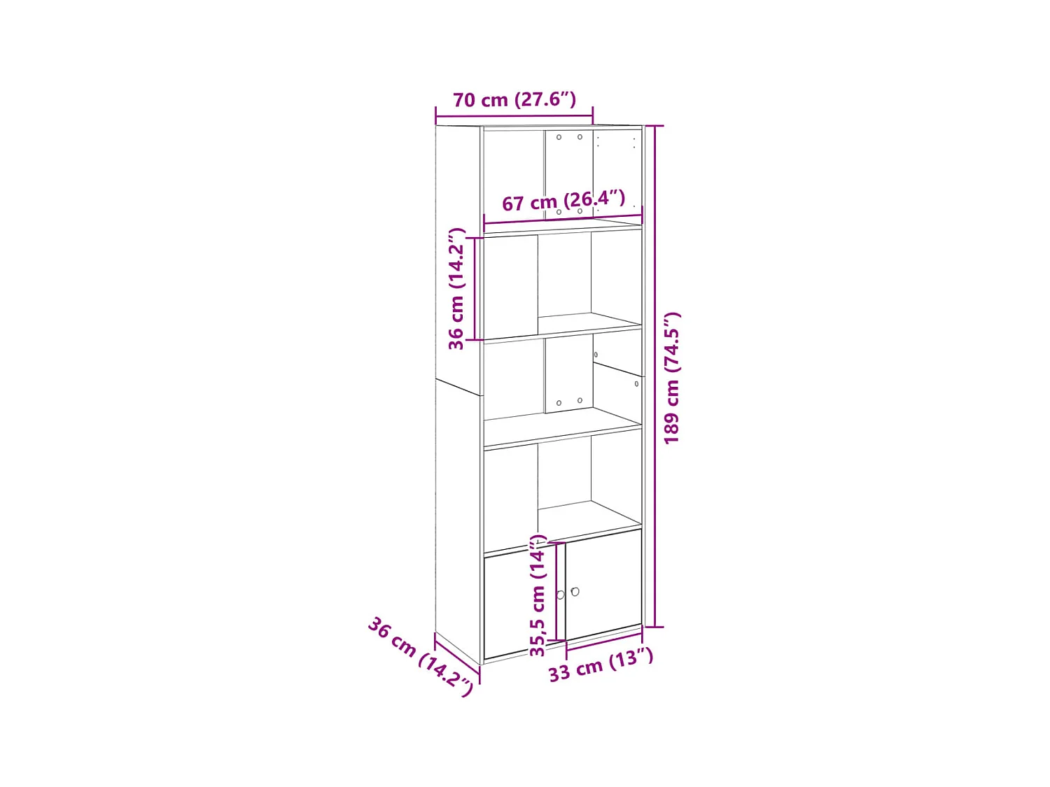 Libreria bianca 70x36x189 cm in legno ingegnerizzato