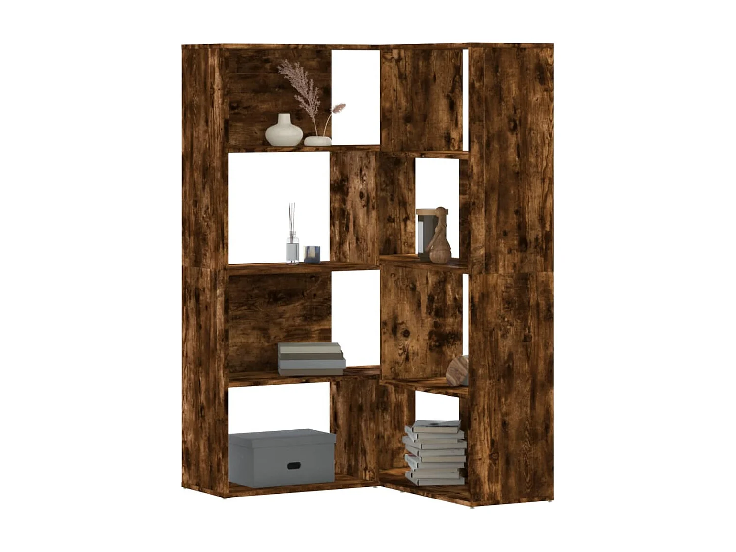 Libreria angolare a 4 ripiani in rovere affumicato, legno ingegnerizzato
