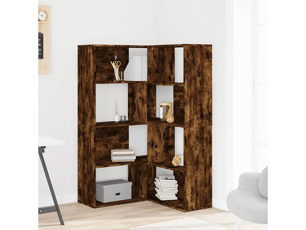 Libreria angolare a 4 ripiani in rovere affumicato, legno ingegnerizzato
