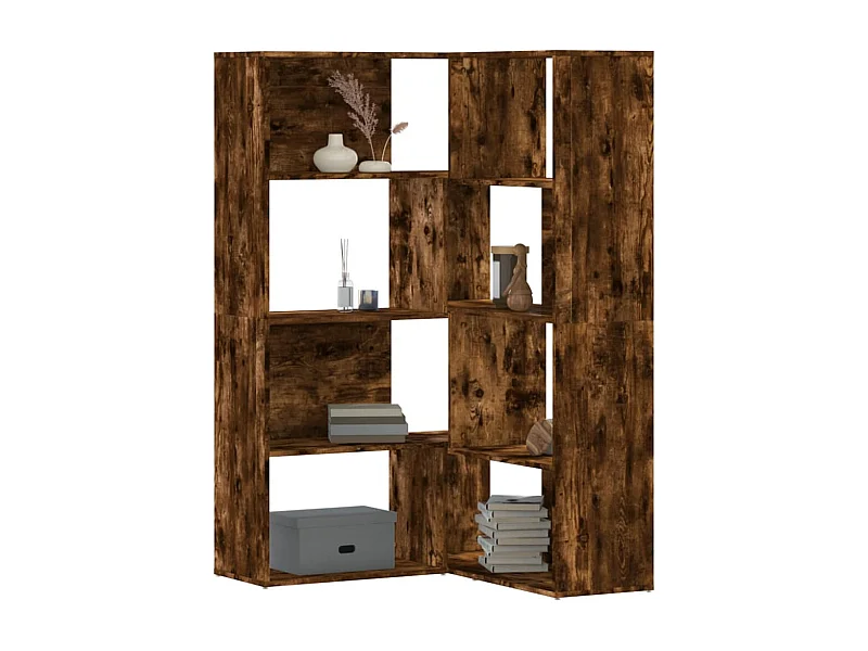 Libreria angolare a 4 ripiani in rovere affumicato, legno ingegnerizzato