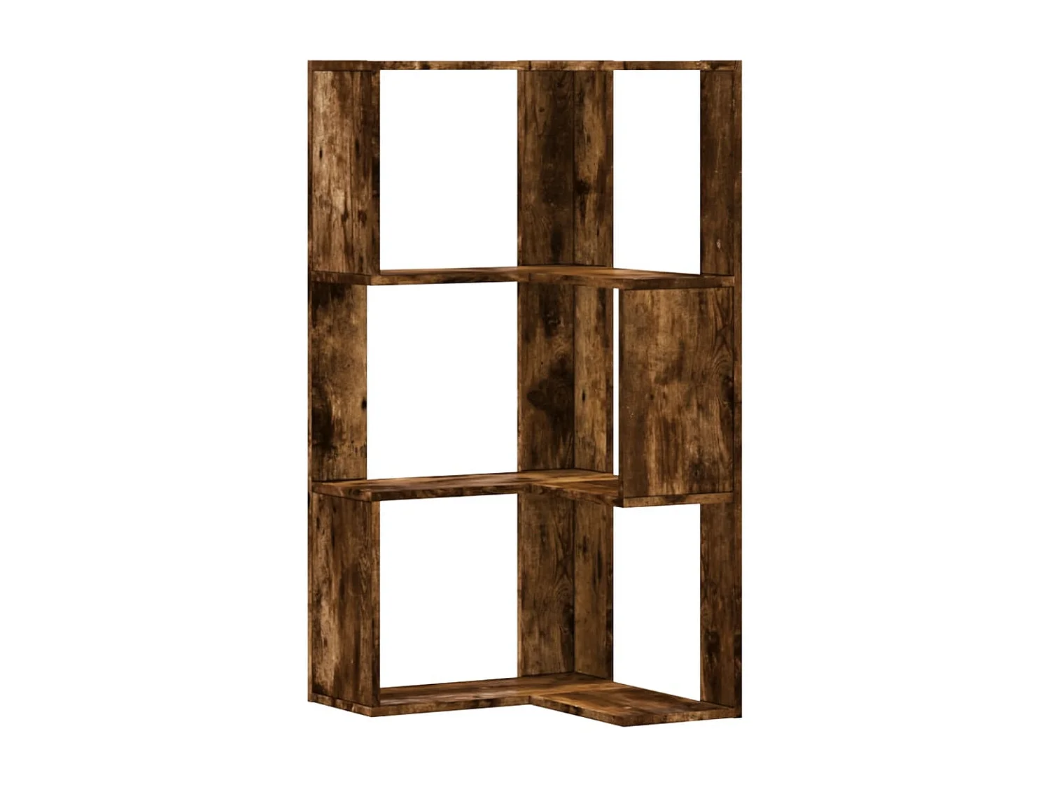 Librería esquinera de 3 niveles de madera de ingeniería de roble ahumado