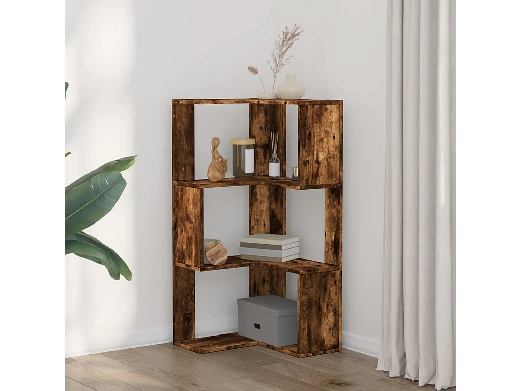 Librería esquinera de 3 niveles de madera de ingeniería de roble ahumado