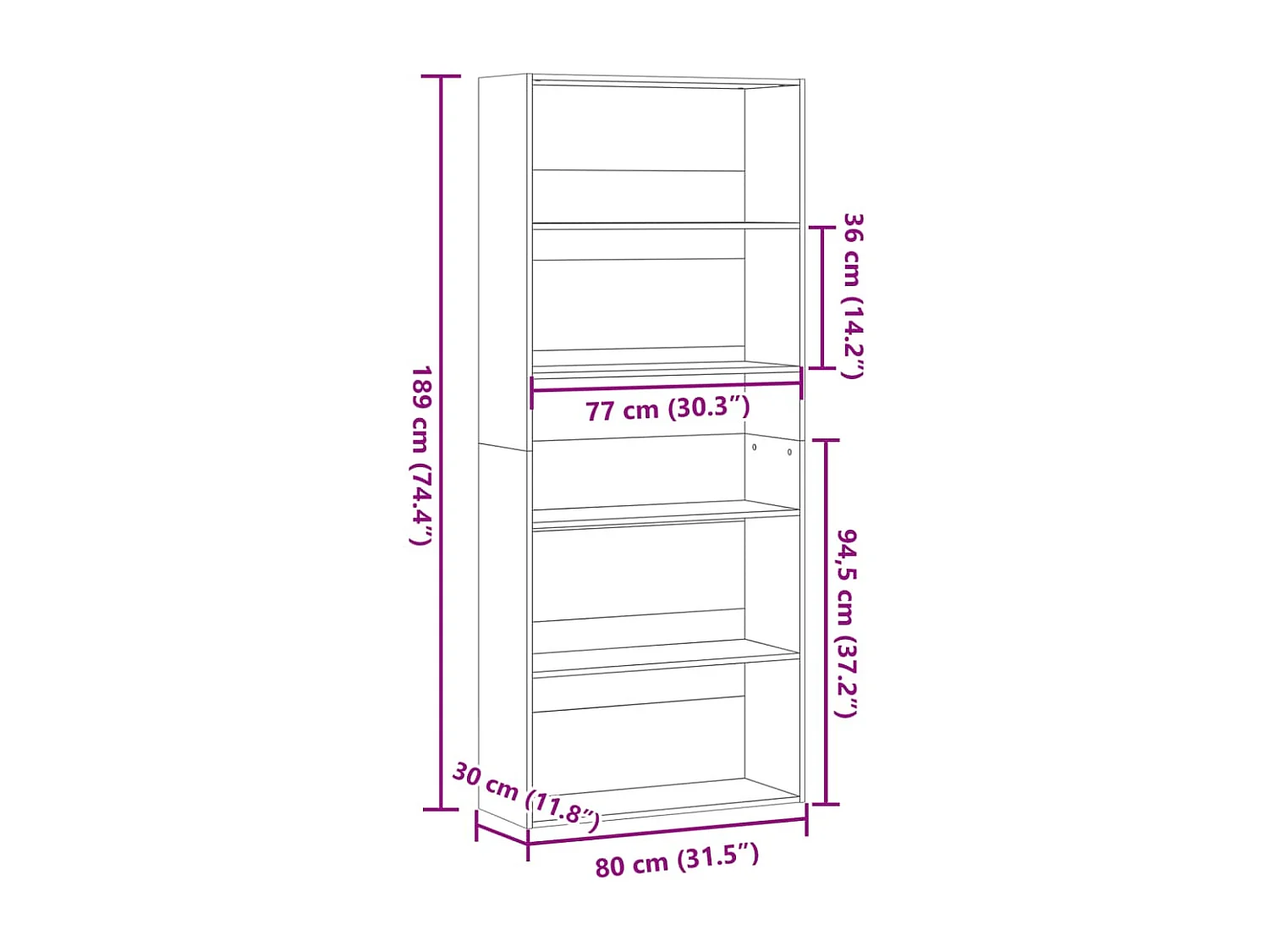 Libreria bianca 80x30x189 cm in legno ingegnerizzato