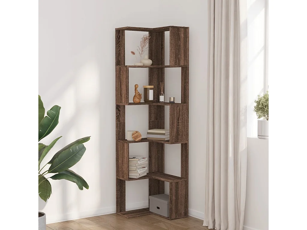 Bibliothèque d'angle à 5 niveaux chêne marron bois d'ingénierie