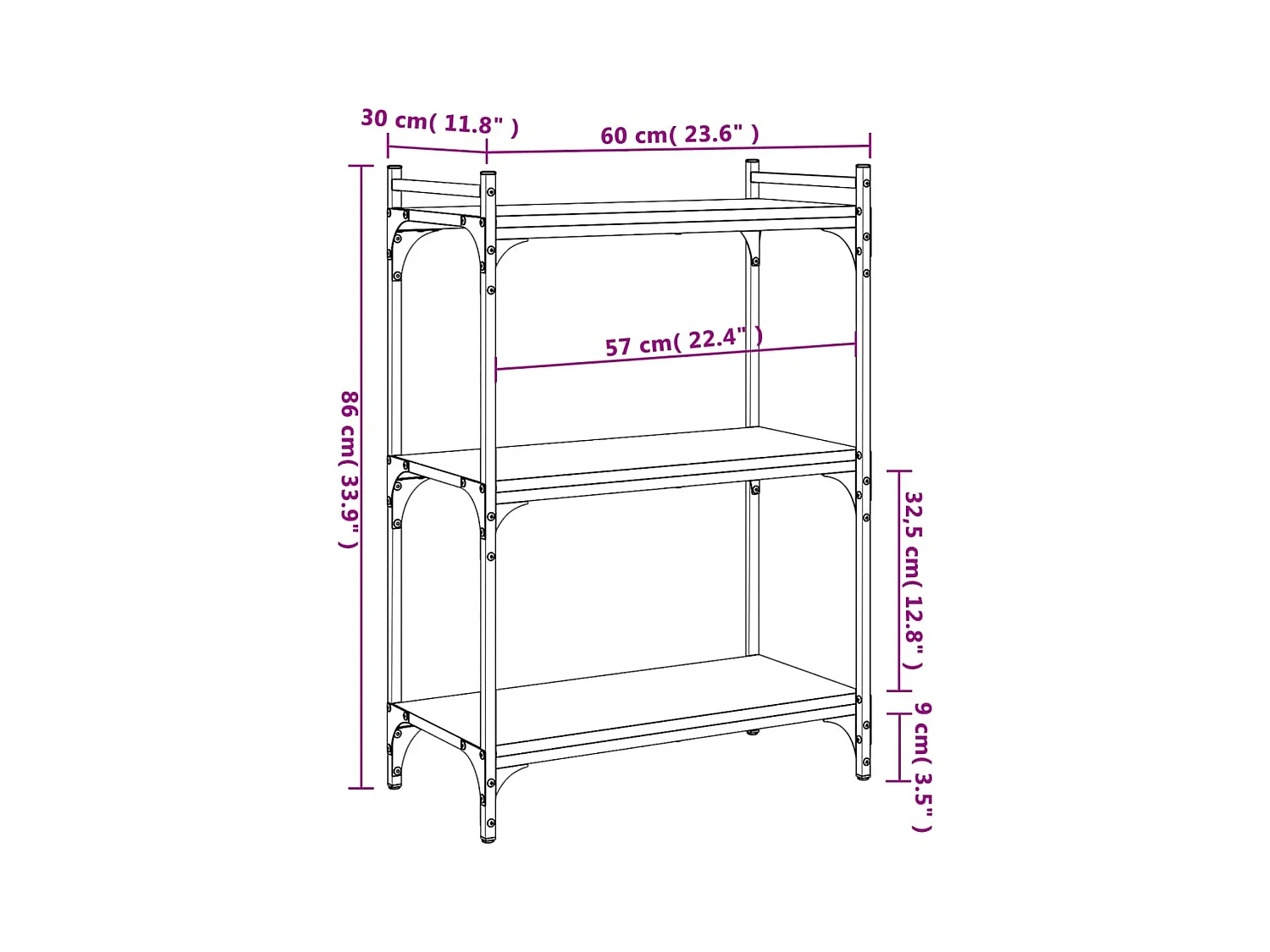 Bibliothèque à 3 niveaux noir 60x30x86 cm bois d'ingénierie