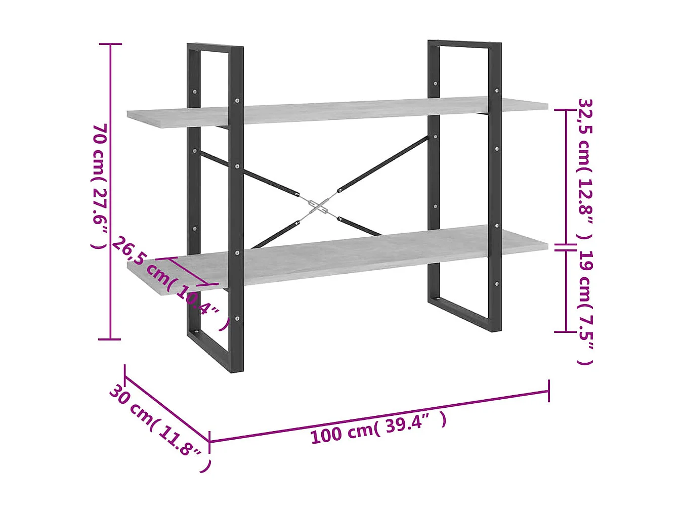 Bibliothèque à 2 niveaux gris béton 100x30x70cm bois ingénierie
