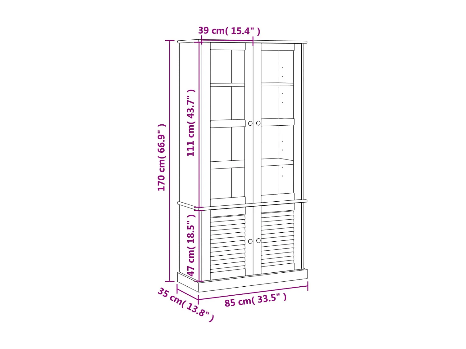 Vetrina VIGO in vetro bianco 85x35x170 cm in legno massello di pino