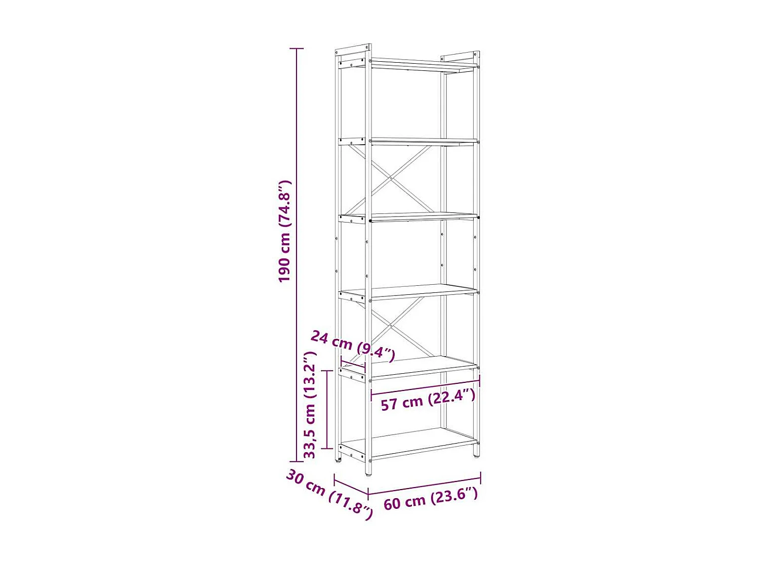 Bibliothèque Chêne fumé 60 x 30 x 188 cm MDF et acier