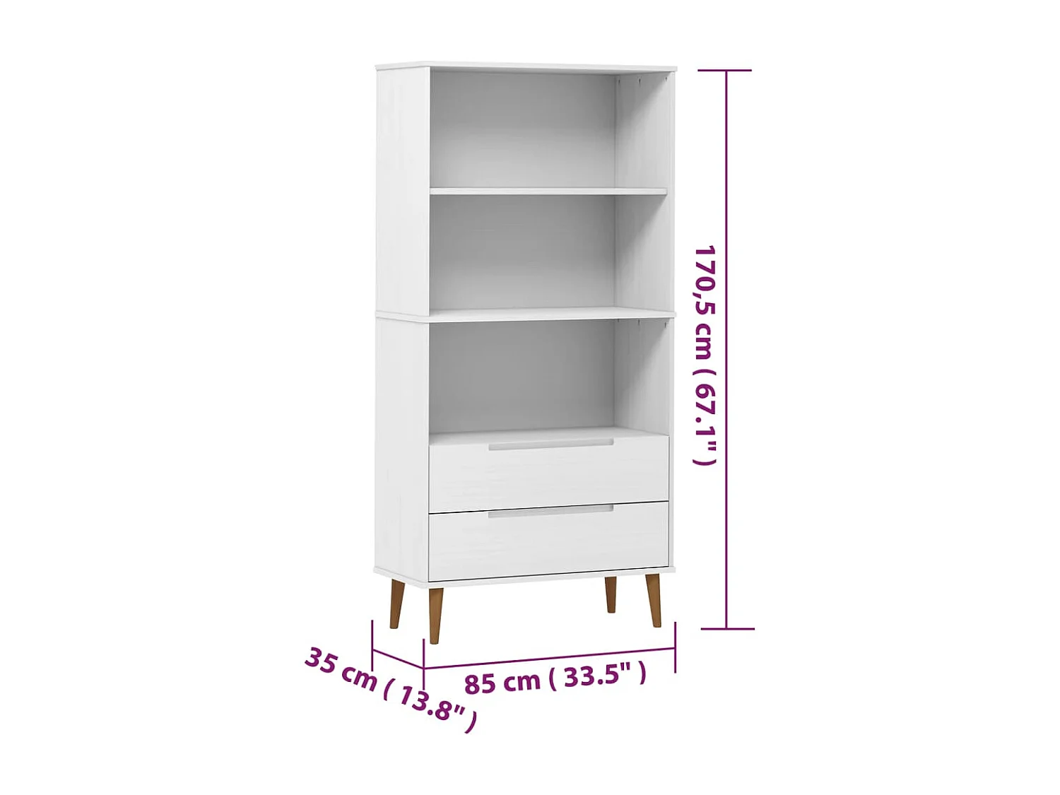 Libreria MOLDE bianca 85x35x170,5 cm in legno massello di pino