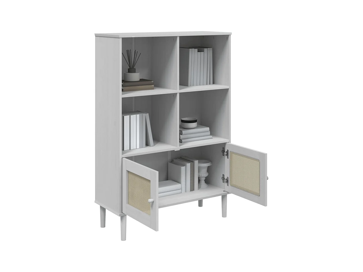 Libreria SENJA in rattan bianco, legno massello di pino