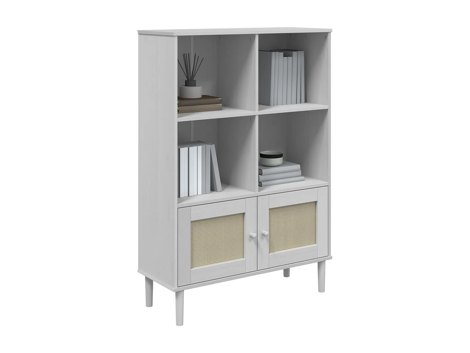 Libreria SENJA in rattan bianco, legno massello di pino