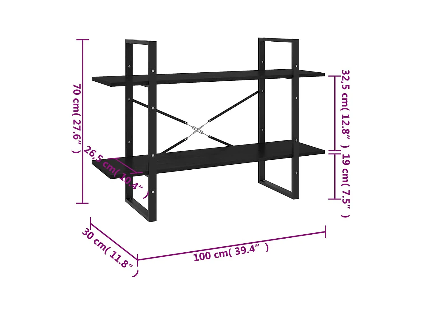 Bibliothèque à 2 niveaux Noir 100x30x70 cm Bois de pin massif