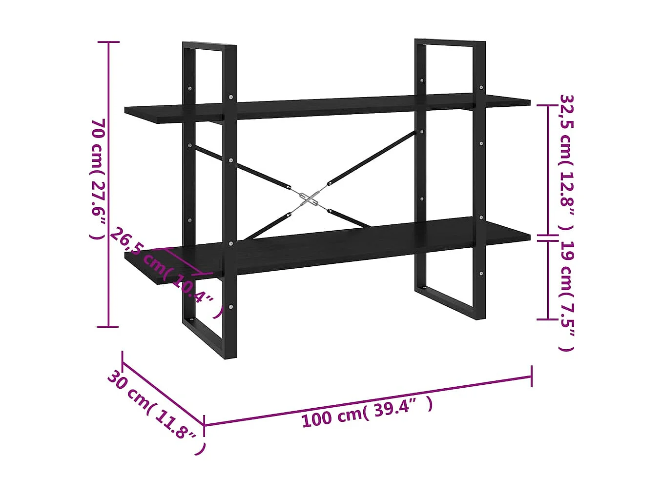 Bibliothèque à 2 niveaux Noir 100x30x70 cm Bois de pin massif