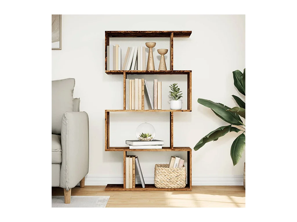 Étagère séparatrice de pièce à 4 niveaux vieux bois 70x24x129cm