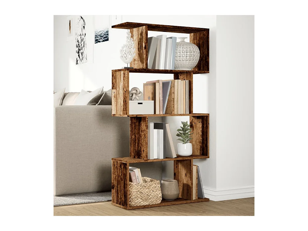 Étagère séparatrice de pièce à 4 niveaux vieux bois 70x24x129cm