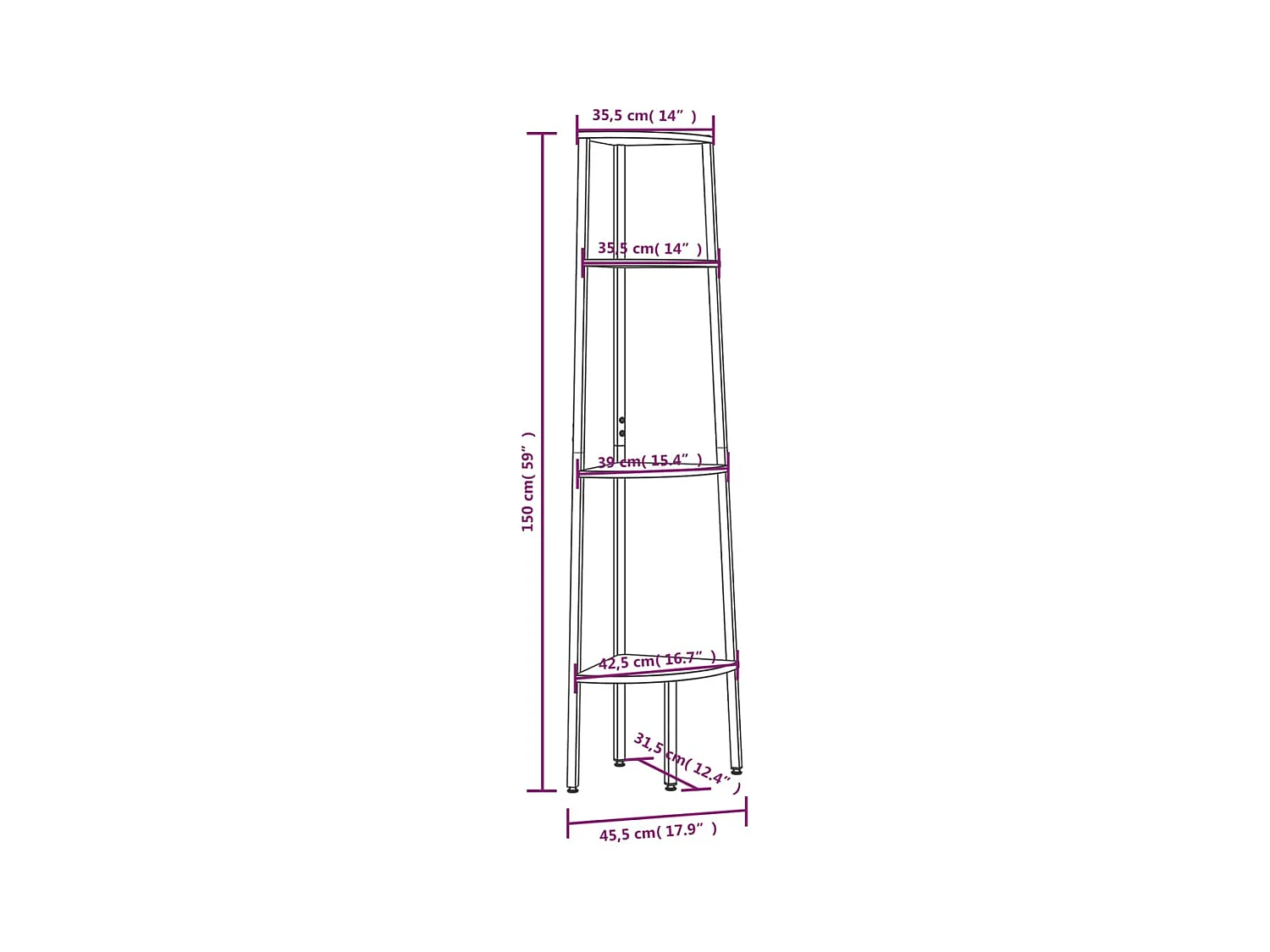 Étagère d'angle 4 niveaux Noir 45,5x31,5x150 cm