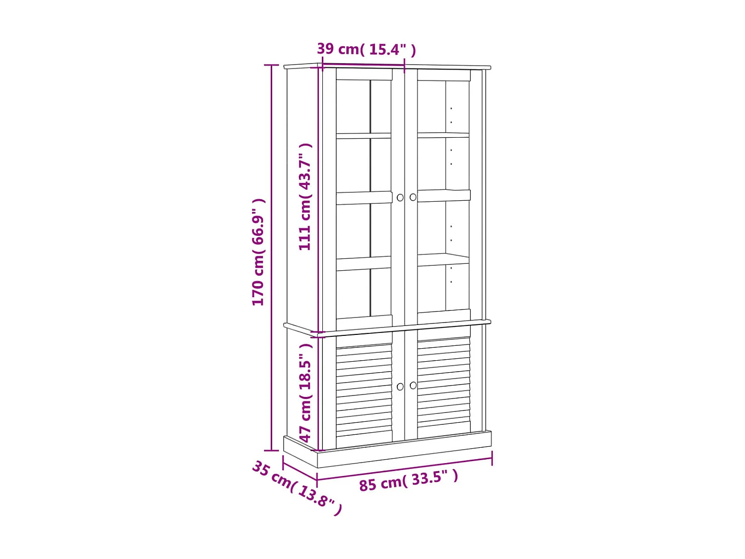 VIGO Glasvitrine 85x35x170 cm Kiefer Massivholz