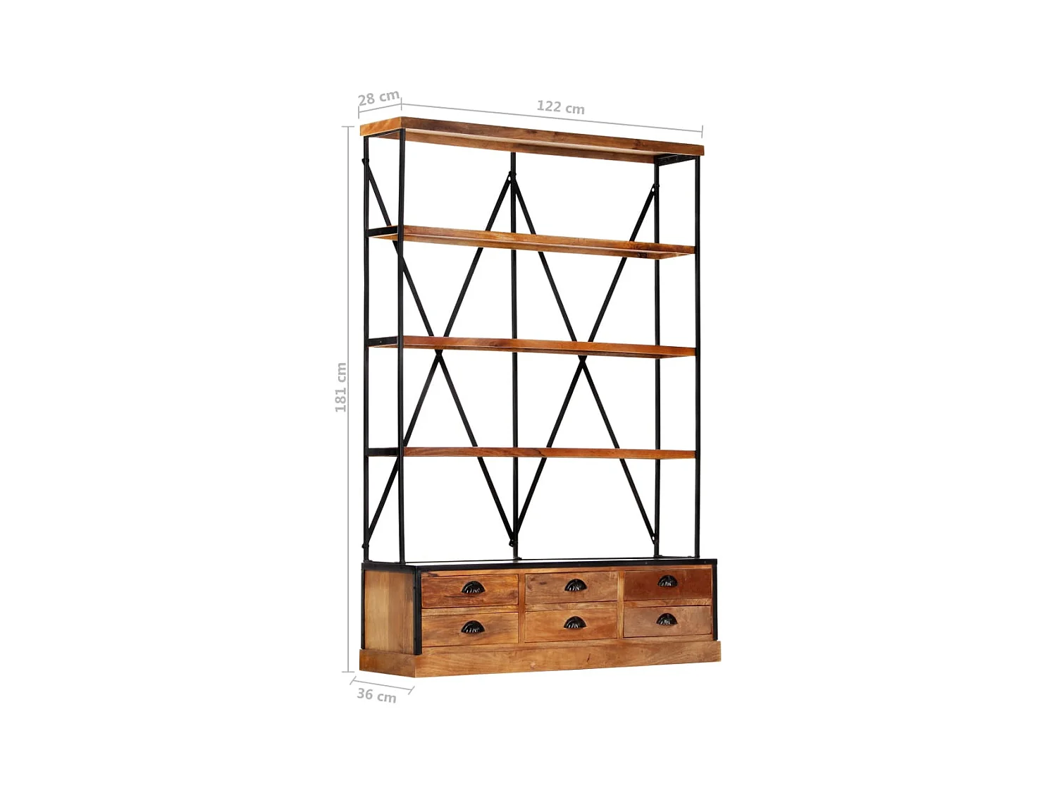 Boekenkast met 4 planken en 6 lades 122x36x181 cm Mangohout