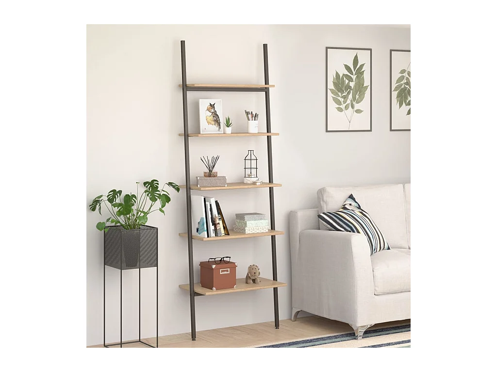 Mensola inclinata a 5 ripiani marrone chiaro e nero 64x34x185,5 cm