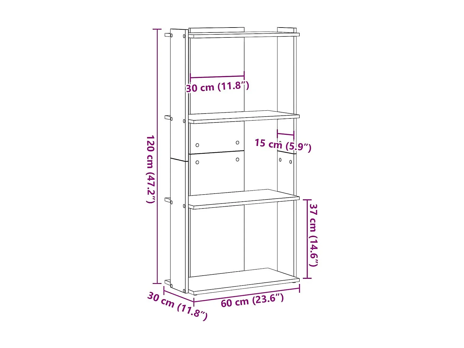 Bibliothèque à 3 niveaux vieux bois 60x30x120cm bois ingénierie