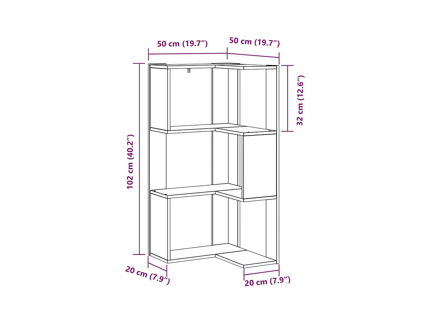 Bibliothèque d'angle 3 niveaux Chêne noir 50x50x102 cm Bois reconstitué