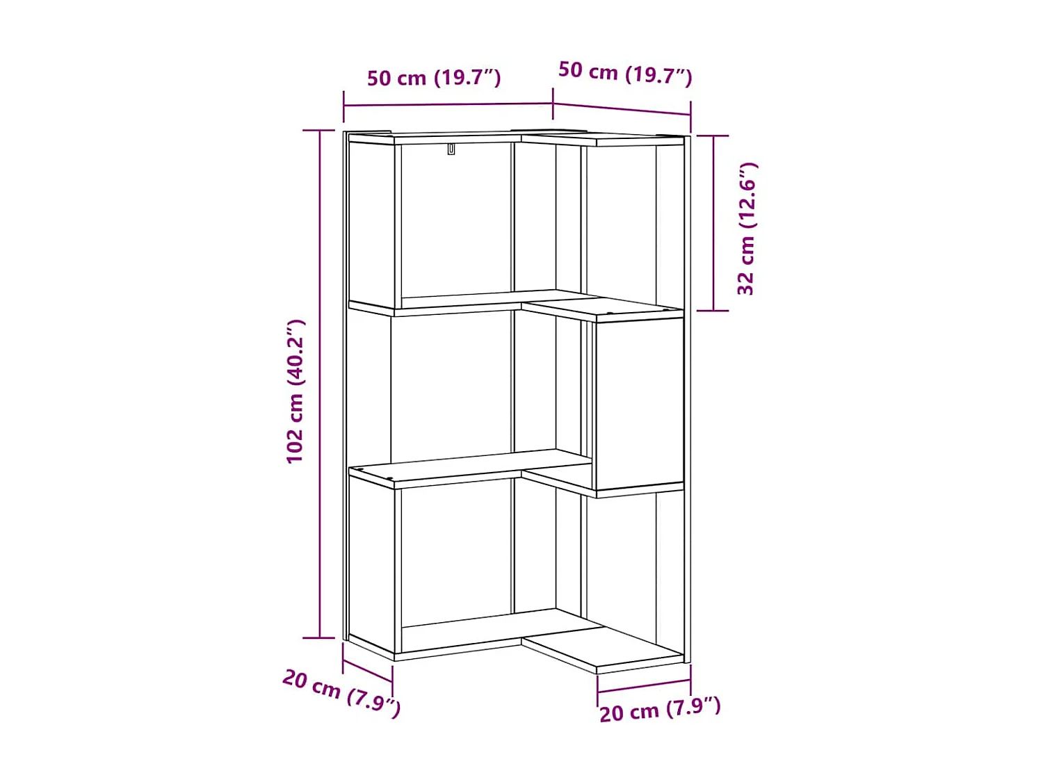 Bibliothèque d'angle 3 niveaux Chêne noir 50x50x102 cm Bois reconstitué