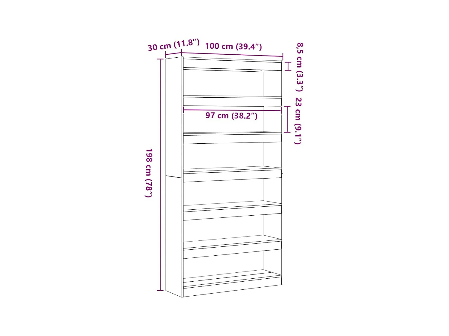 Bibliothèque Chêne artisanal Bois massif 100 x 30 x 198 cm