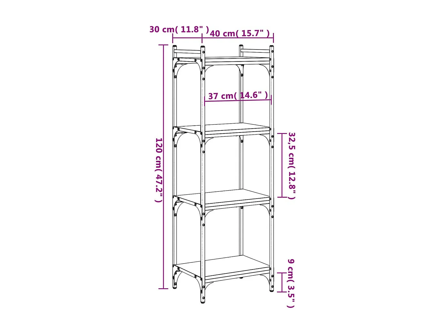 Librería de 4 niveles negra 40x30x120 cm madera de ingeniería