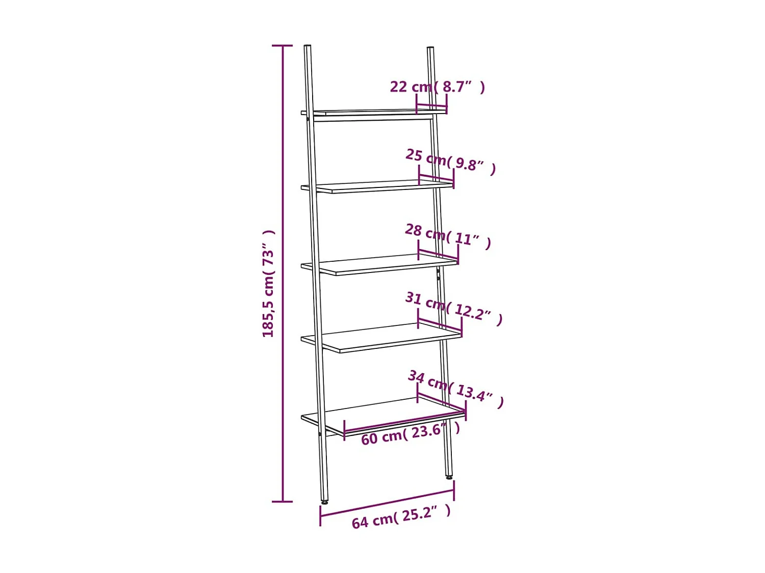 Scaffale inclinato a 5 ripiani marrone scuro e nero 64x34x185,5 cm