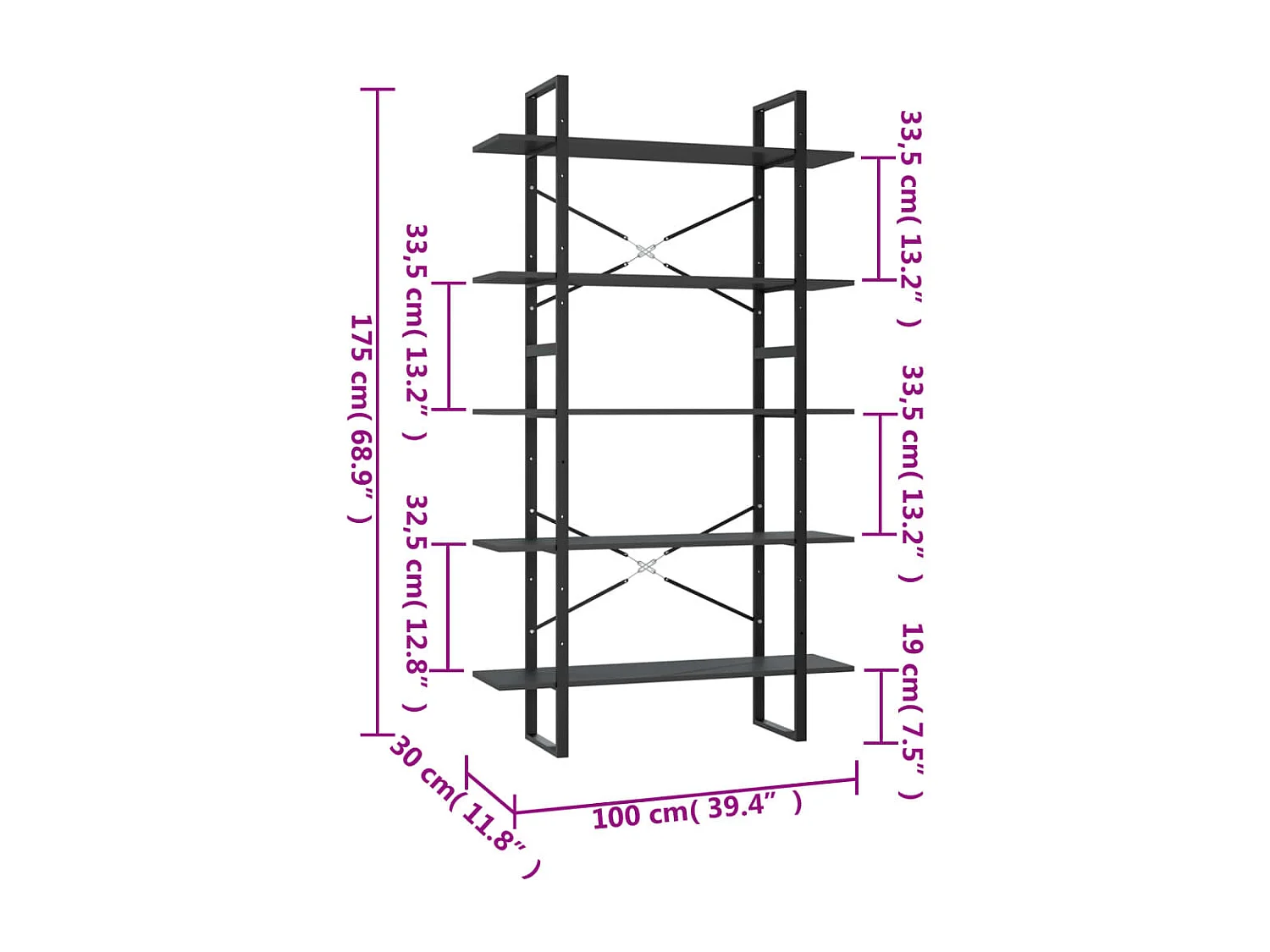 5-laags boekenkast grijs 100x30x175 cm bewerkt hout