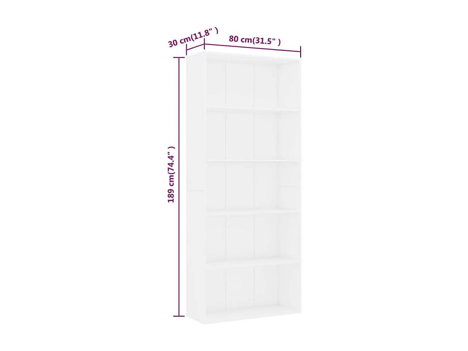 Libreria a 5 ripiani bianca 80x30x189 cm in legno ingegnerizzato