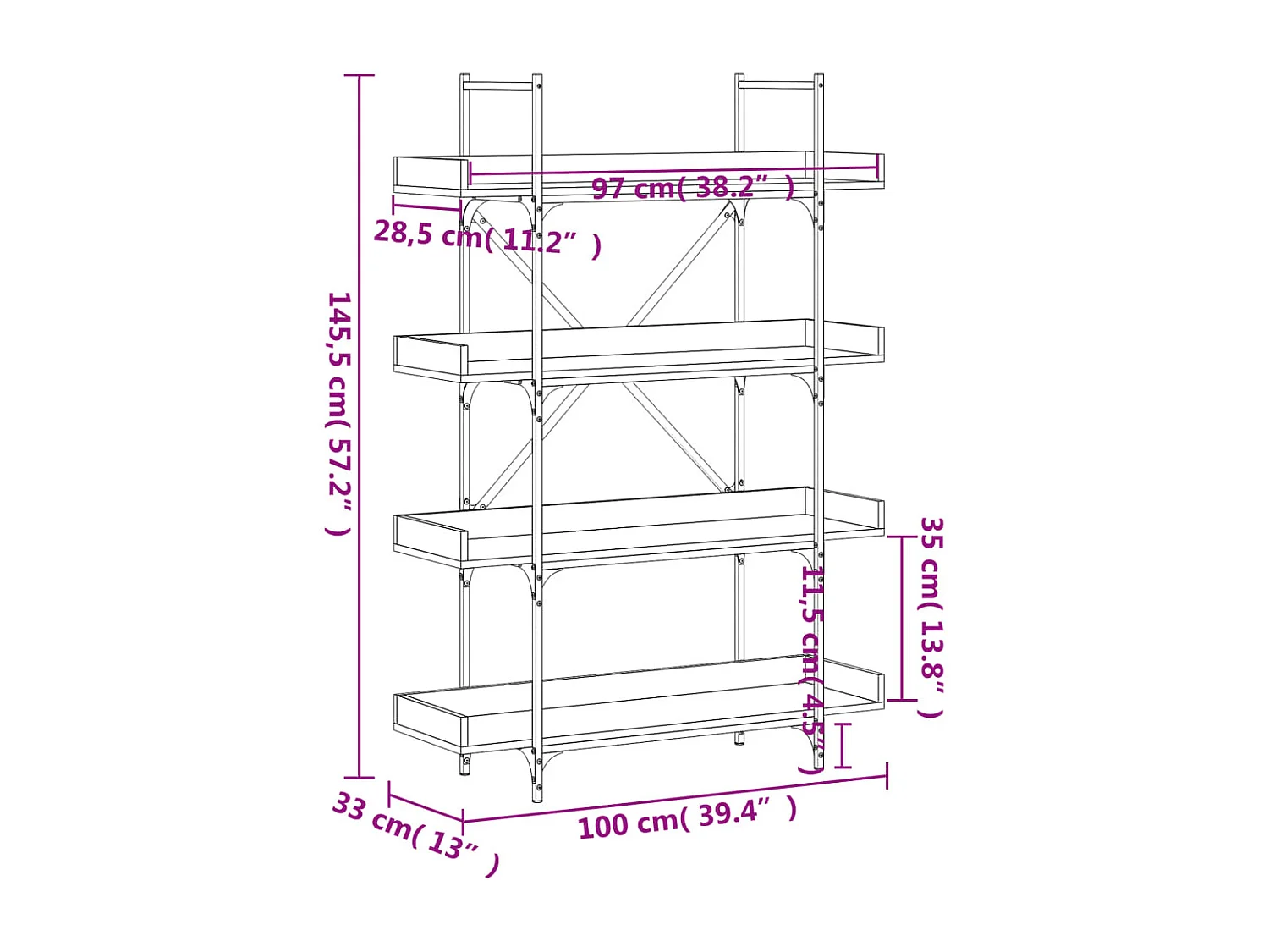 Libreria a 4 ripiani rovere affumicato 100x33x145,5 cm