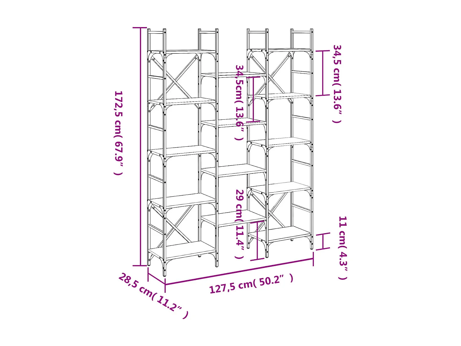 Bibliothèque sonoma gris 127,5x28,5x172,5 cm bois d'ingénierie