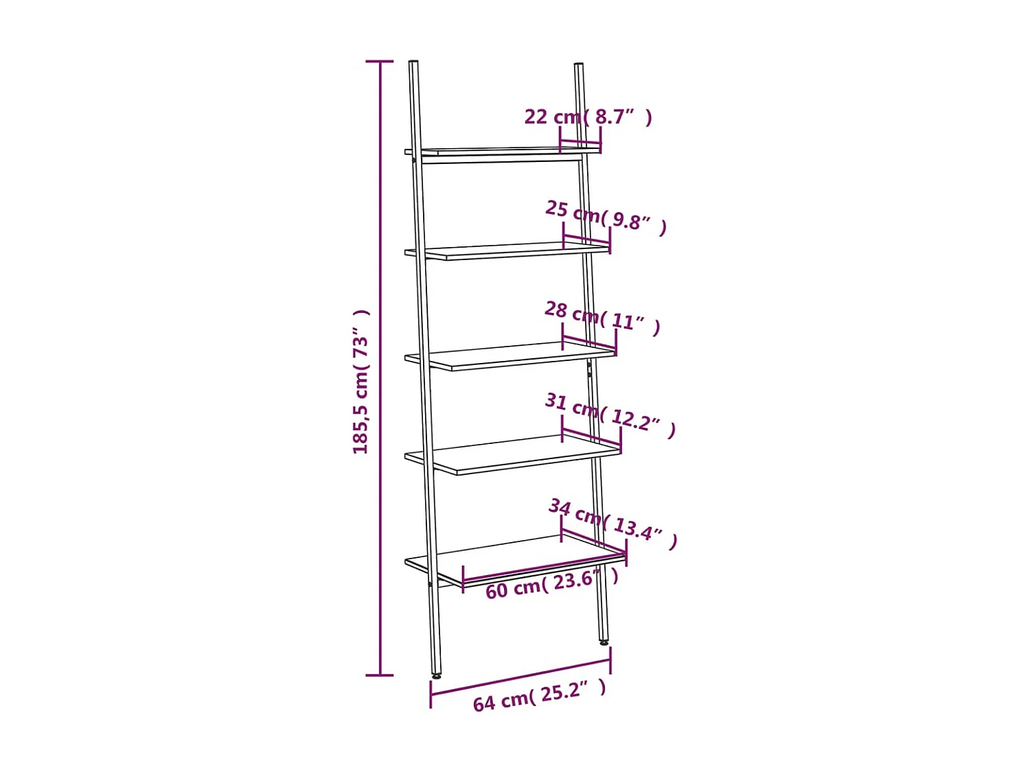 Scaffale inclinato a 5 ripiani nero 64x34x185,5 cm