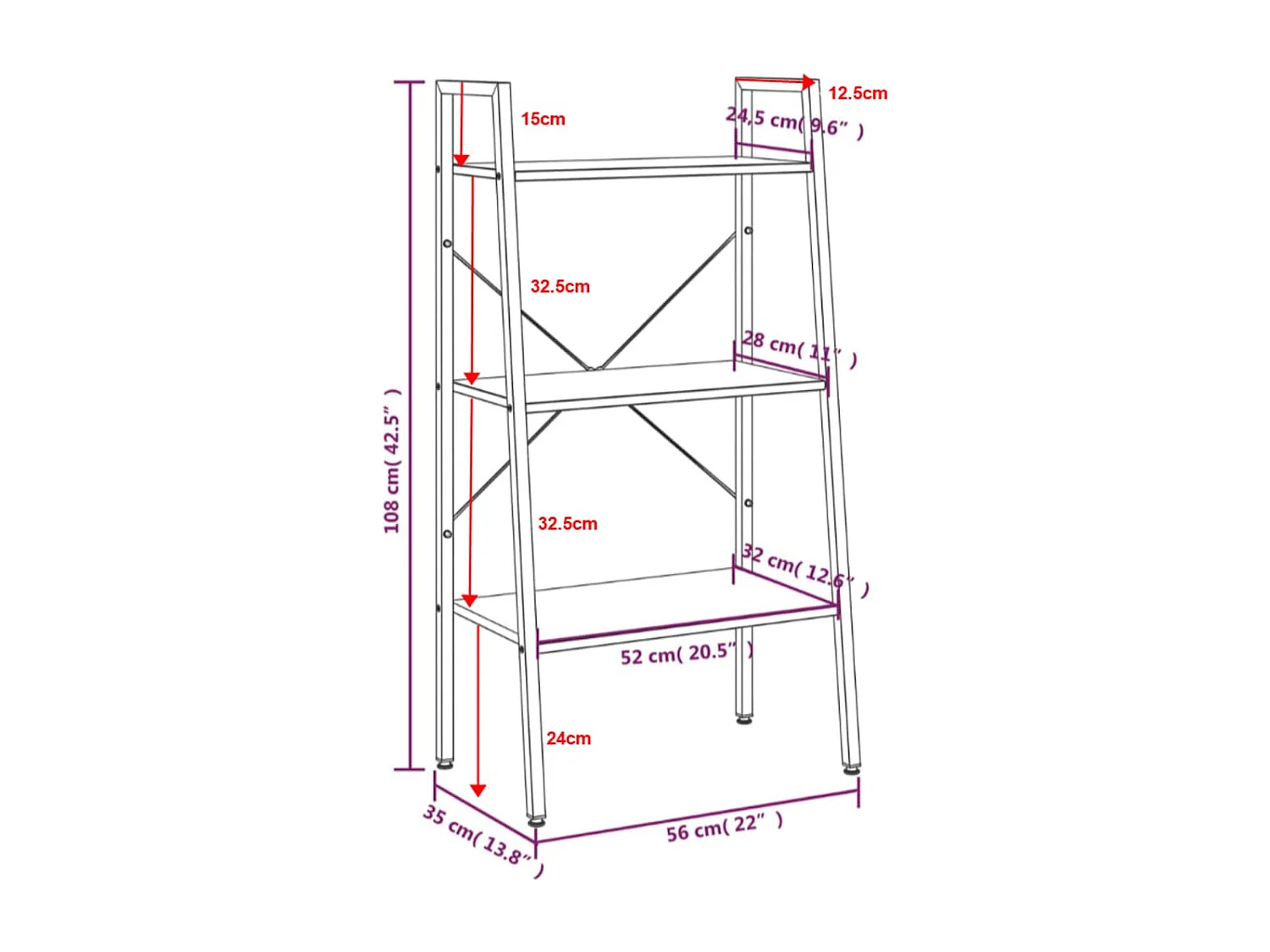 3-laags stellingkast Lichtbruin en zwart 56x35x108 cm