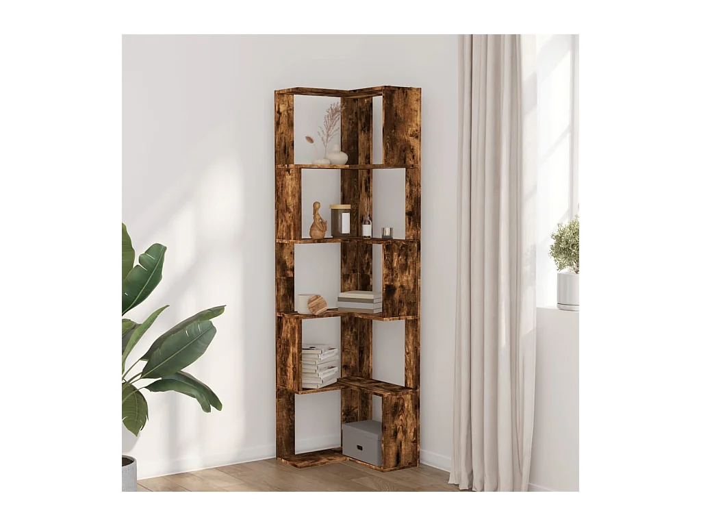 Librería esquinera de 5 niveles de madera de ingeniería de roble ahumado