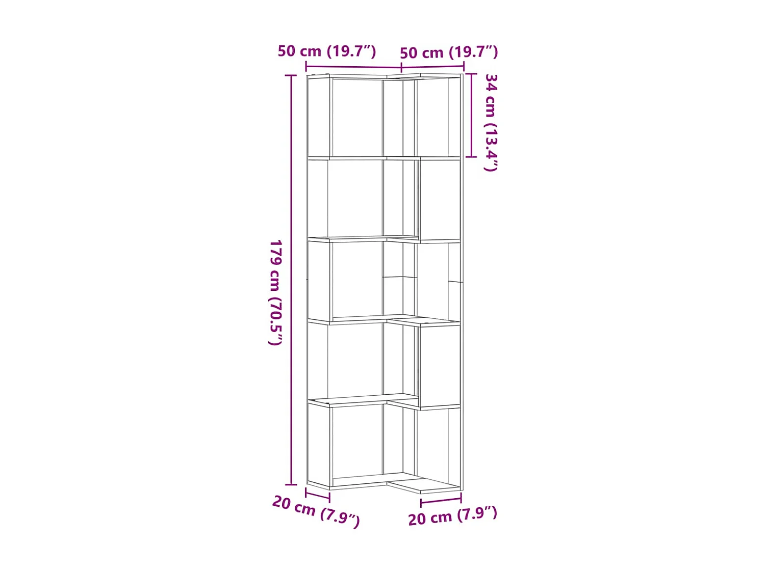Librería esquinera de 5 niveles de madera de ingeniería de roble ahumado