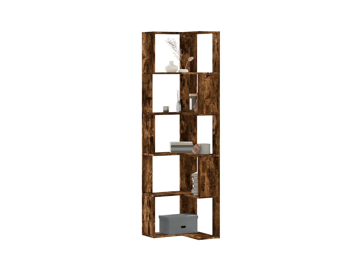 Libreria angolare a 5 ripiani in rovere affumicato, legno ingegnerizzato