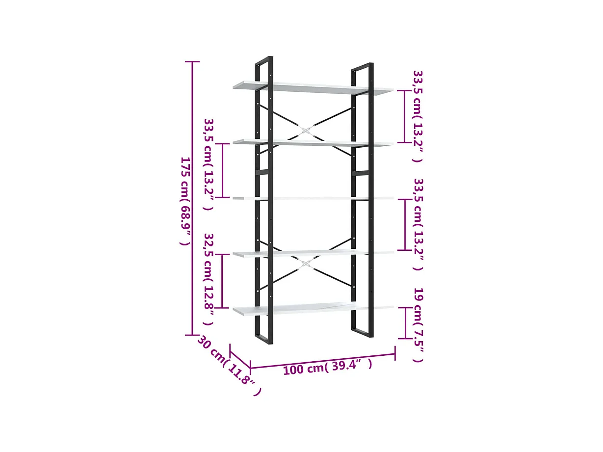 Bibliothèque à 5 niveaux Blanc 100x30x175 cm Bois d'ingénierie