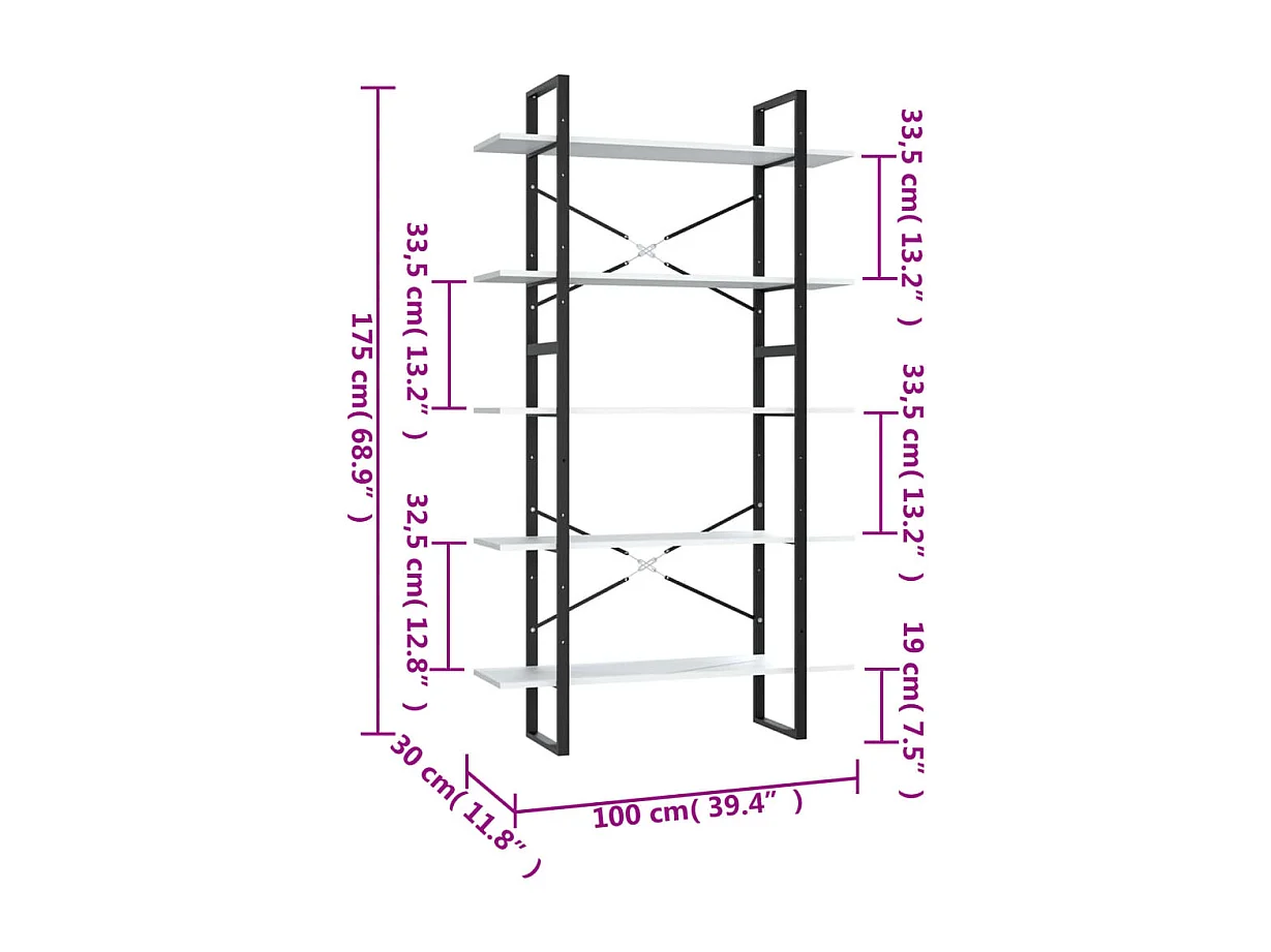 Bibliothèque à 5 niveaux Blanc 100x30x175 cm Bois d'ingénierie
