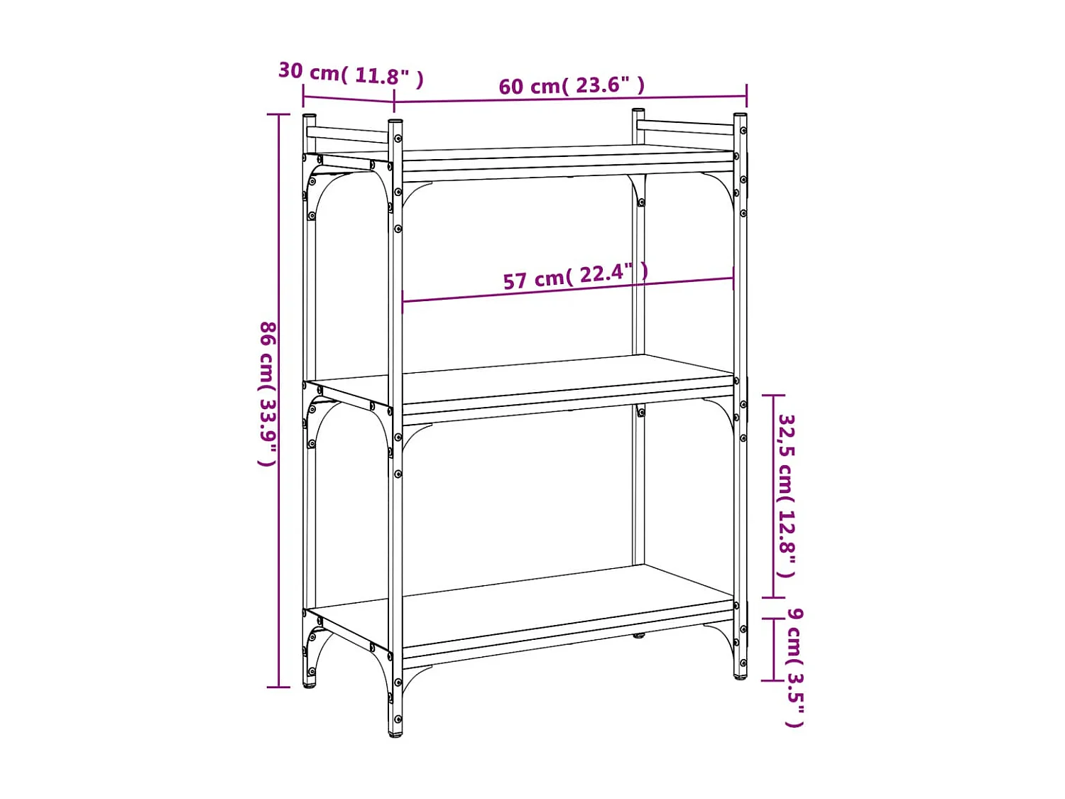 Sonoma Grey 3-laags boekenkast 60x30x86cm bewerkt hout