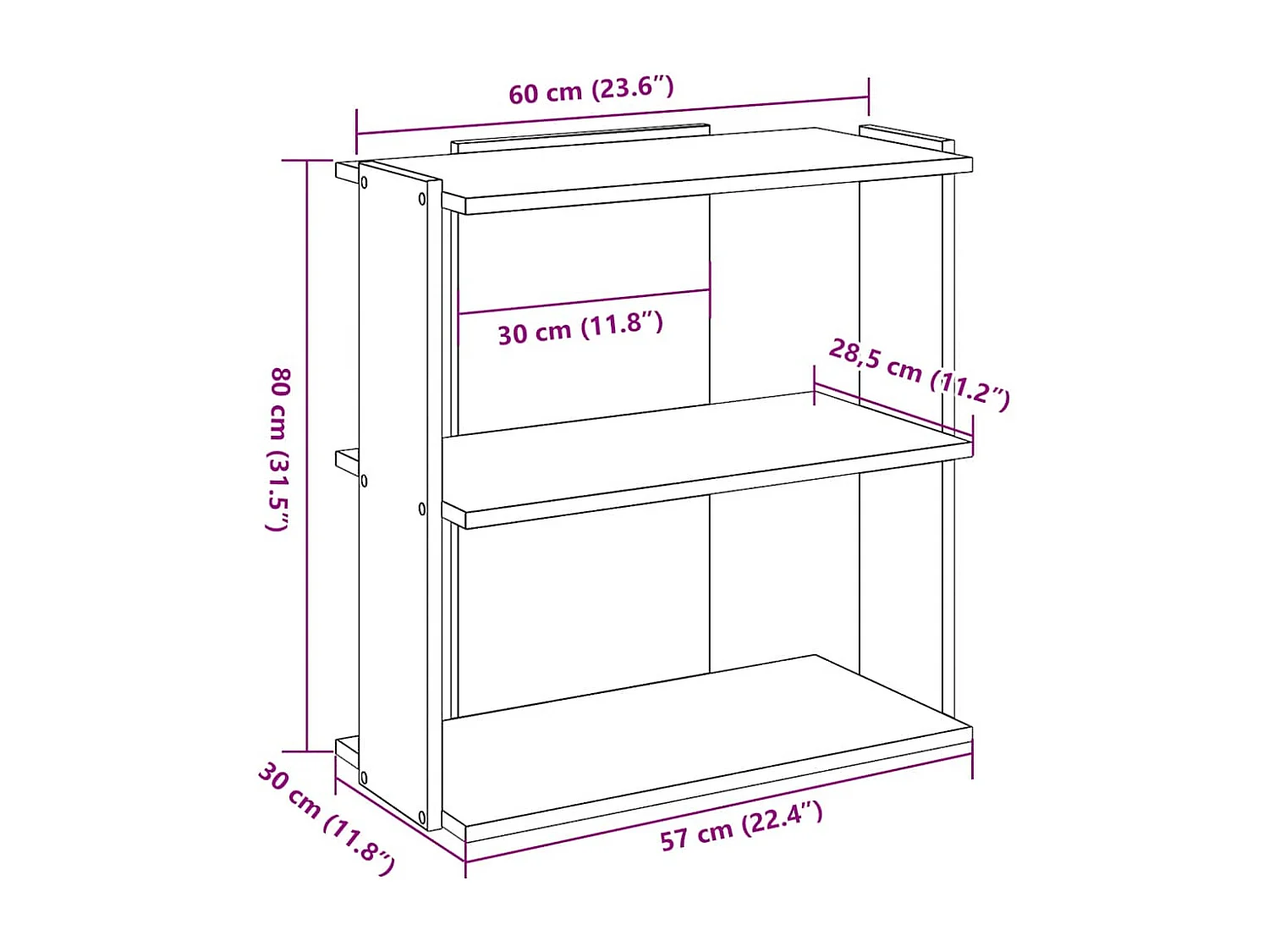Libreria a 3 ripiani Sonoma Grey 60x30x80cm in legno ingegnerizzato