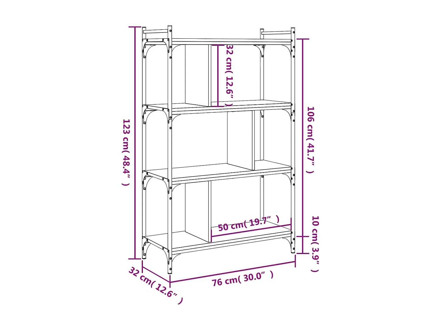 Libreria a 4 ripiani nera 76x32x123 cm in legno ingegnerizzato