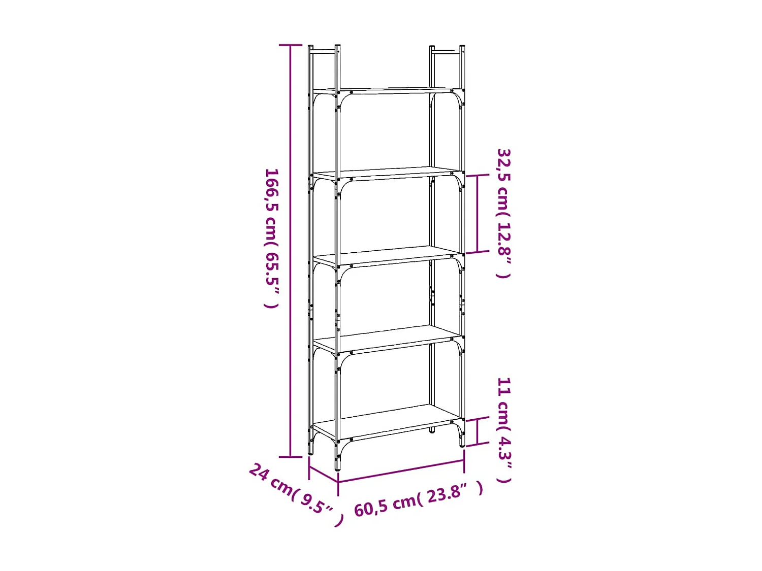 Librería de 5 niveles negra 60,5x24x166,5cm madera de ingeniería