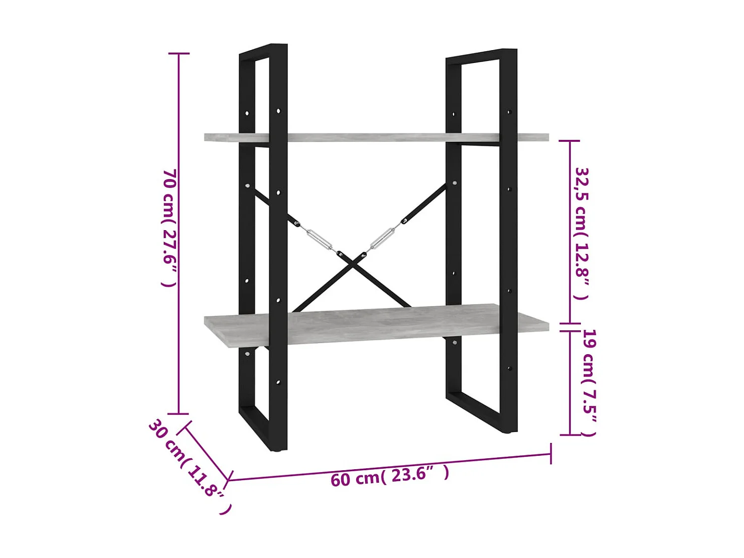 2-stöckiges Bücherregal Betongrau 60x30x70 cm Holzwerkstoff